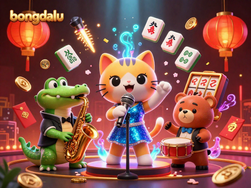 bongdalu showcases lively casino scene with a jazz-singer cat, saxophone crocodile, and drum bear, surrounded by festive gaming symbols