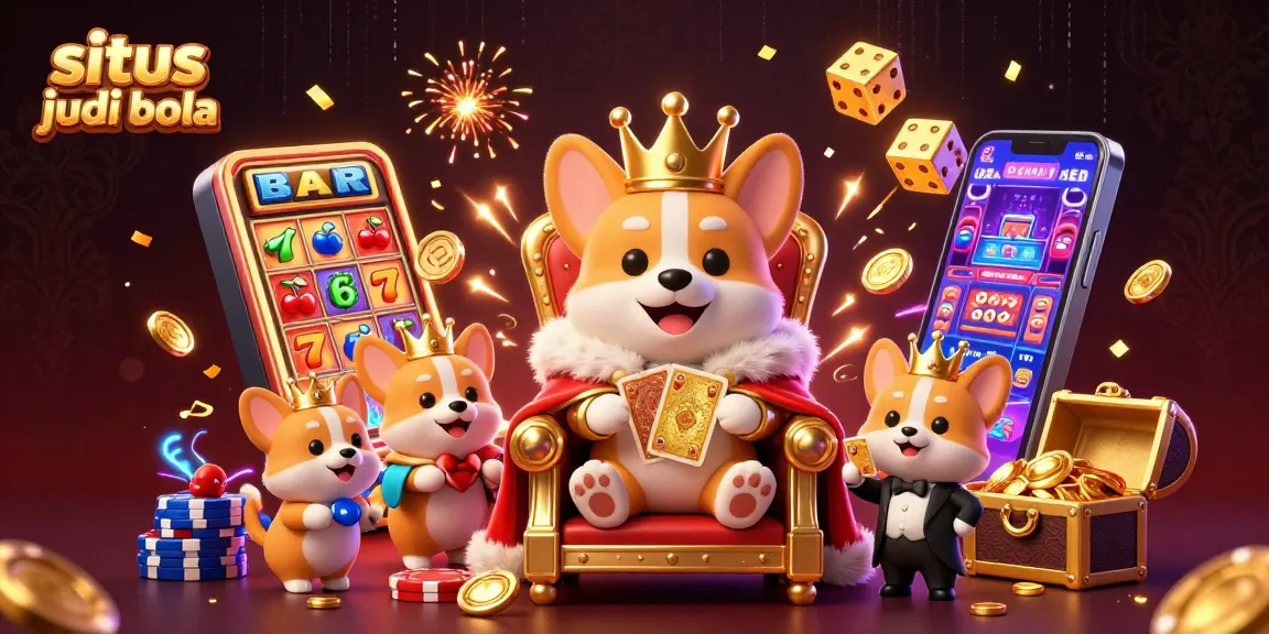 Experience thrilling moments at situs judi bola with royal corgi surrounded by vibrant casino elements.