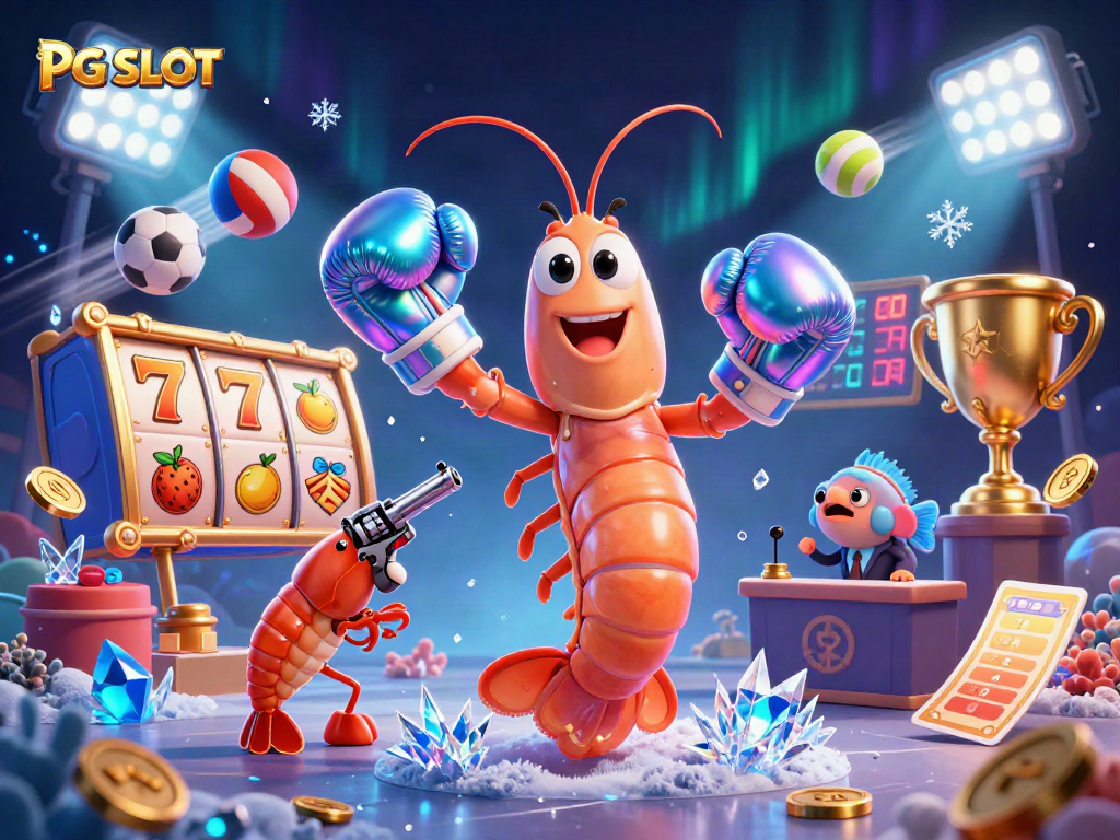 Engage with PG SLOT's vibrant gaming experience featuring a mantis shrimp, sports elements, and glowing jackpot.