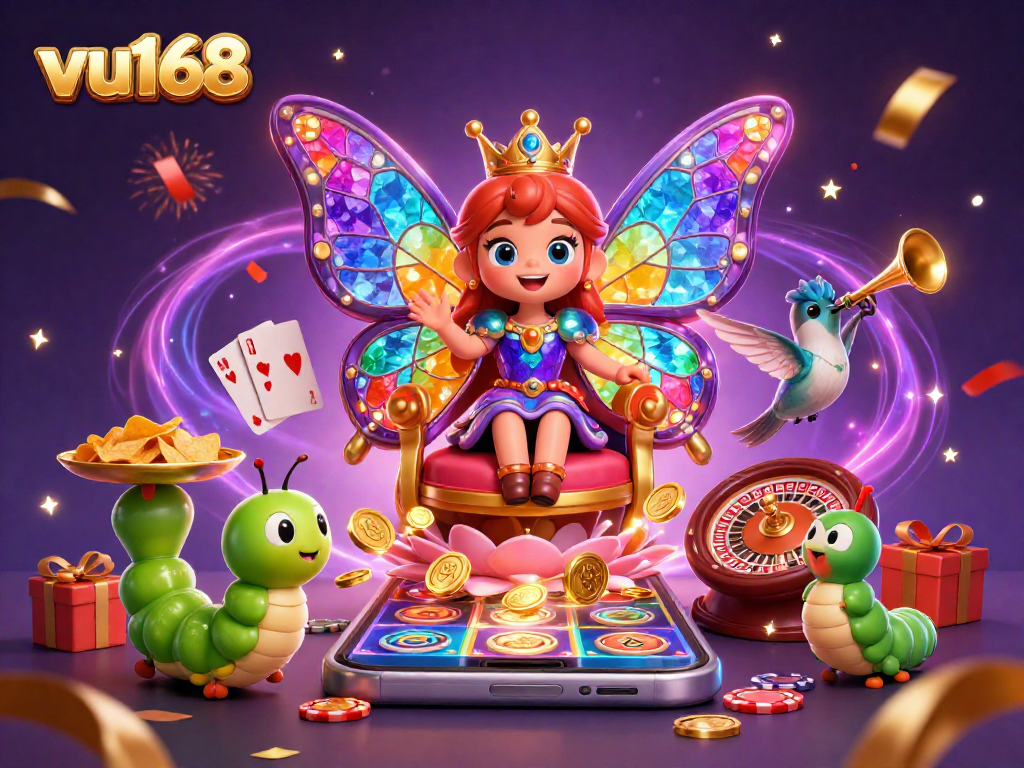 Experience the vibrant, dynamic scene of the vu168 casino world with a colorful butterfly queen and gaming elements.