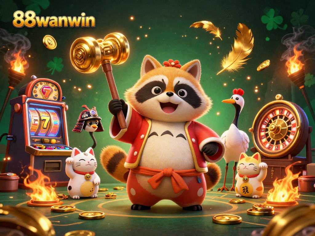 Experience 88wanwin with vibrant casino elements, playful raccoon, and lucky cats in action.