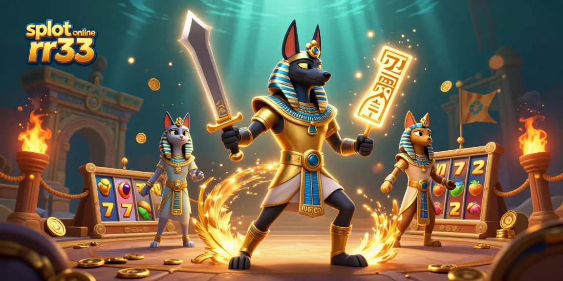 Spin winning reels at slot online rr33 with Anubis and Bastet amidst vibrant casino elements.