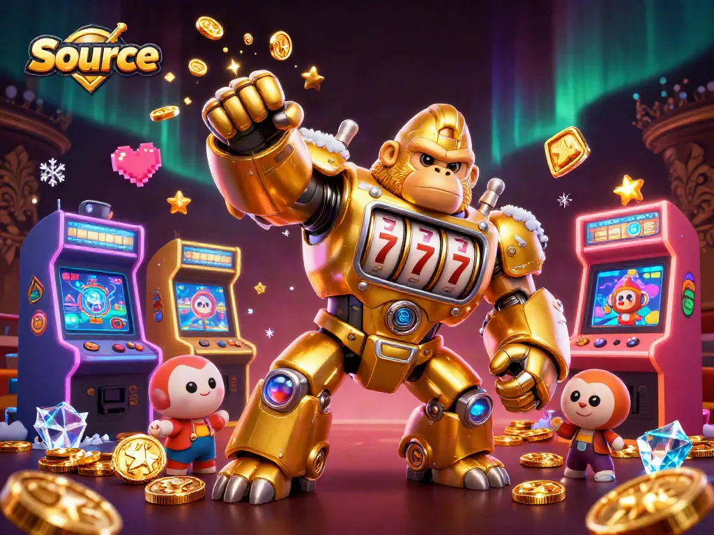 Engage with Source's exciting slot-themed 3D illustration featuring a golden gorilla mech.