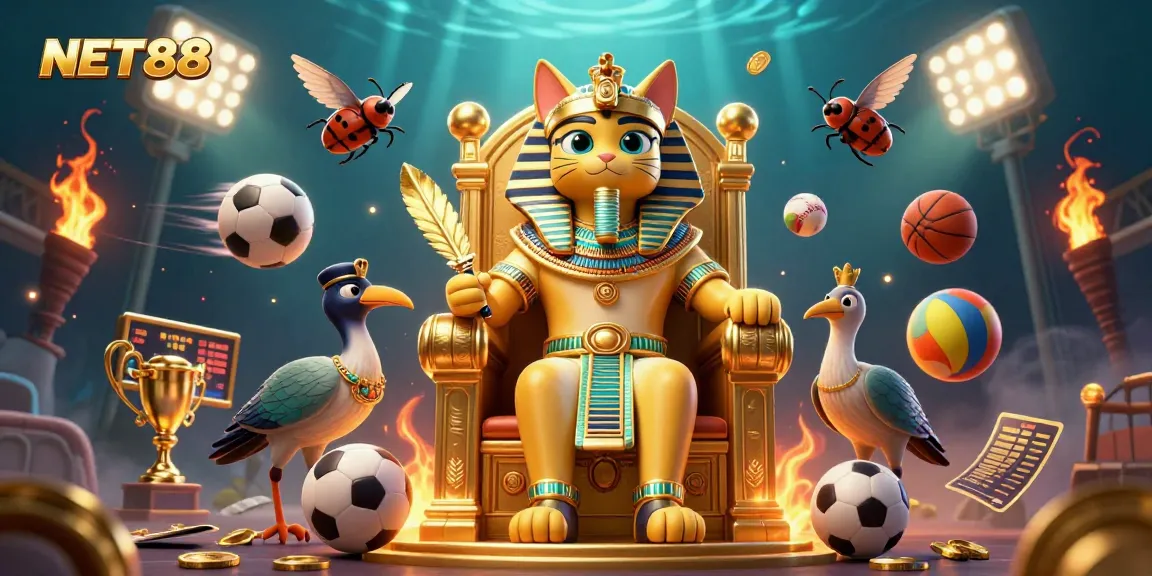 Experience thrilling sports betting with NET88 featuring Egyptian cat and vibrant game elements.