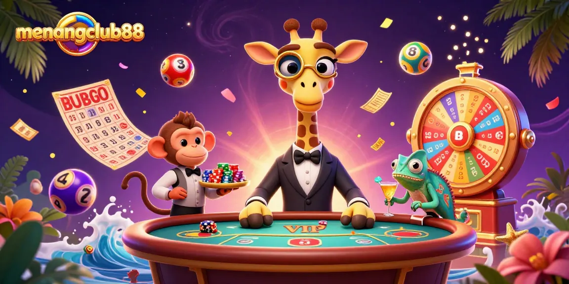 Try exciting games at menangclub88, featuring a high-roller giraffe, thrilling slot reels, and engaging casino elements.