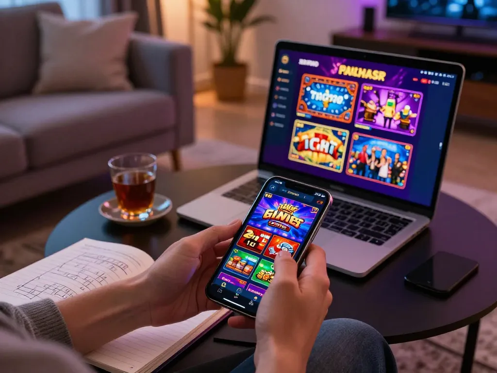 Player enjoying diverse games on NK88 app in cozy home setting, showcasing online gambling.