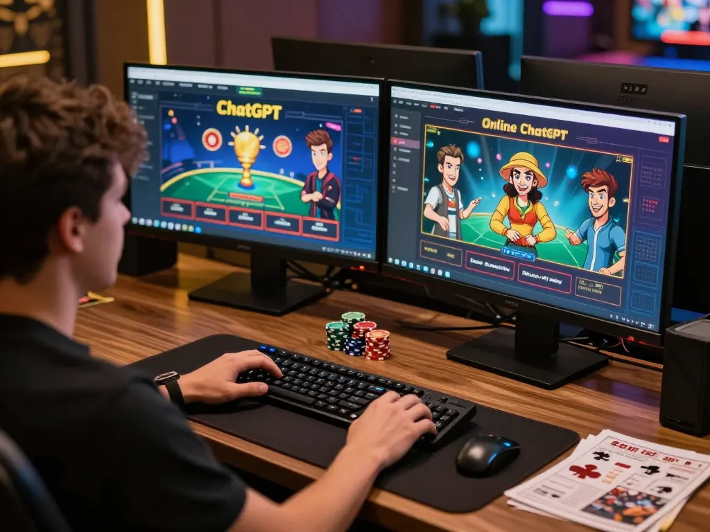 Player engaged in online gaming with caricature ChatGPT visuals enhancing the experience.