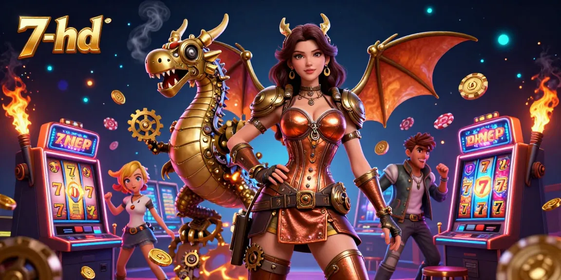 Engage with 7-hd gaming excitement through vibrant 3D illustrations of slot machines and casino elements.