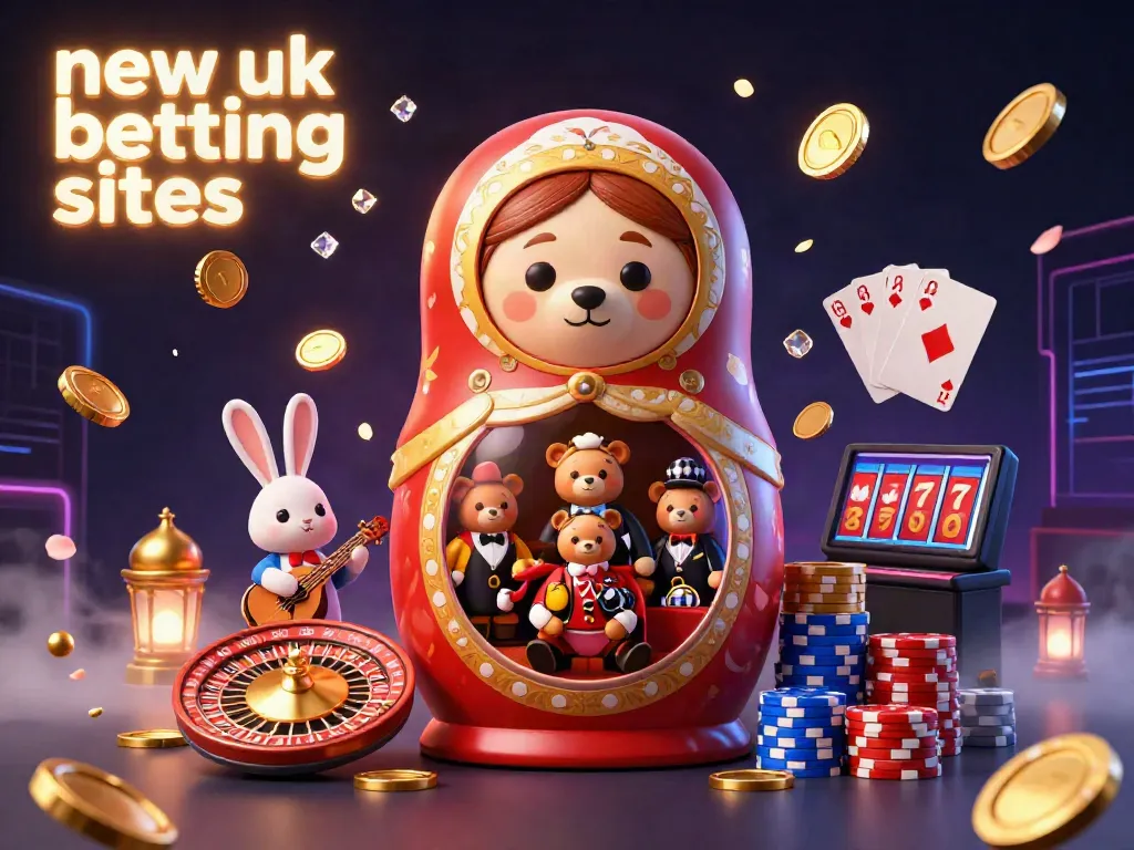 Engage with new uk betting sites through a vibrant 3D lively scene of Russian Matryoshka bears, casino elements, and dynamic motion.