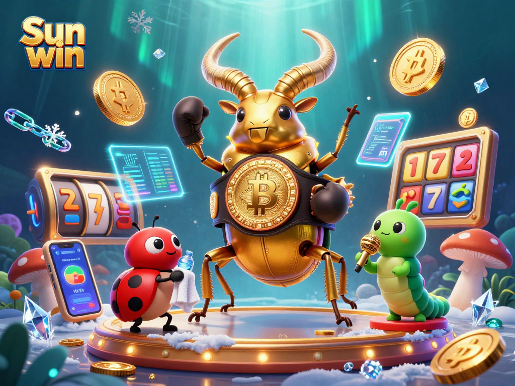 Engage in exciting gameplay at Sun win with a vibrant scene showcasing a boxing beetle champion in a crypto casino.