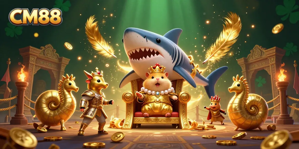 Engage in thrilling gameplay at CM88 with the vibrant casino-themed 3D illustration of a hamster king and mythical guards.
