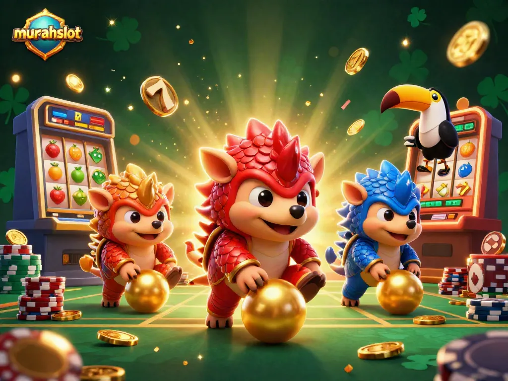 murahslot dengan pangolin bersaing melempar bola emas di antara gulungan slot dan cip poker.