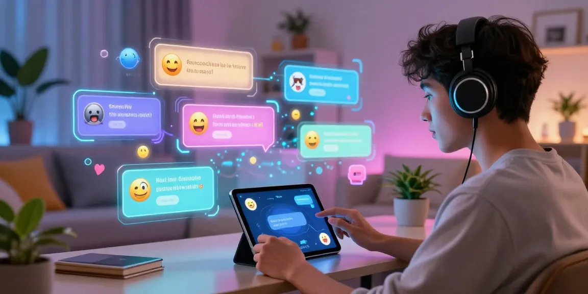 Youthful individual using a tablet for AI spicy chat interaction in a futuristic living room with vibrant decor.