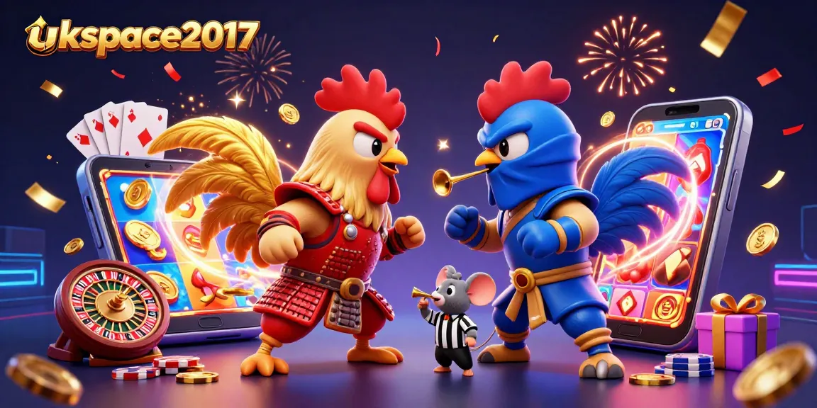 Engage with exciting gameplay at ukspace2017 featuring animated cartoon roosters in a dramatic casino showdown.