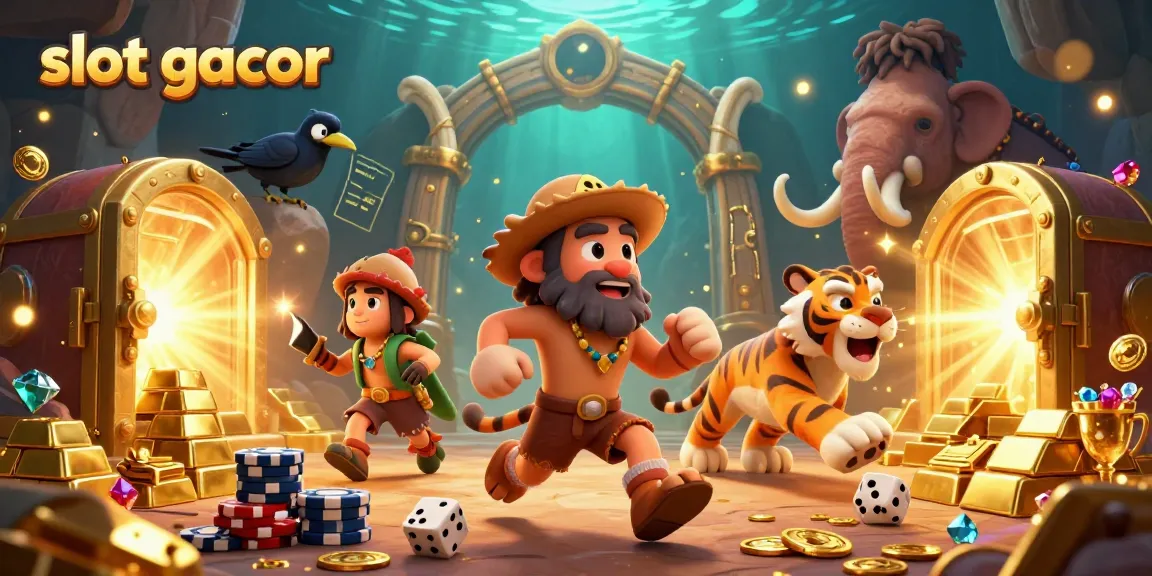 Engage with slot gacor at a vibrant prehistoric casino, featuring dynamic characters and sparkling treasures.