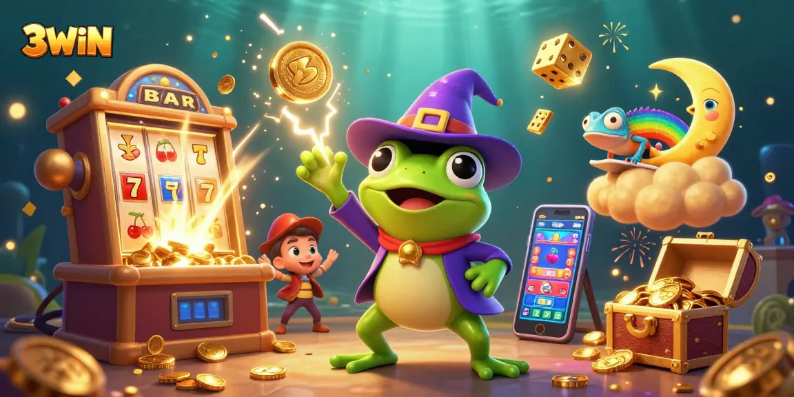 3WIN brings excitement with a cartoon wizard frog and chameleon in a vibrant jackpot scene.