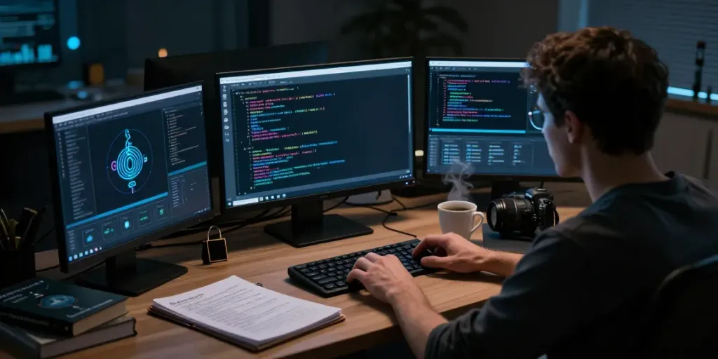 A person analyzing the hidden wiki and dark web concepts in a modern workspace