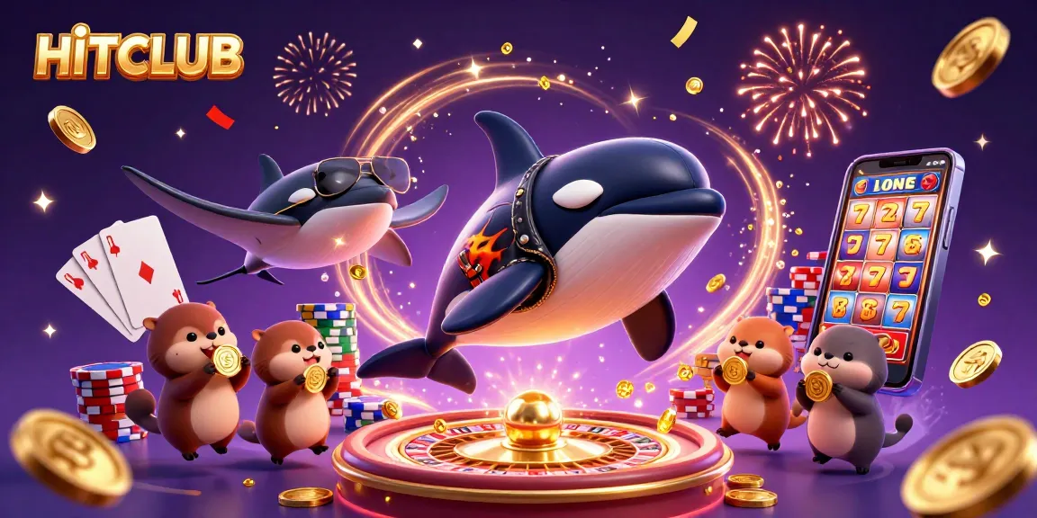Engage with HITCLUB gaming excitement through 3D cartoon characters amidst festive casino elements.