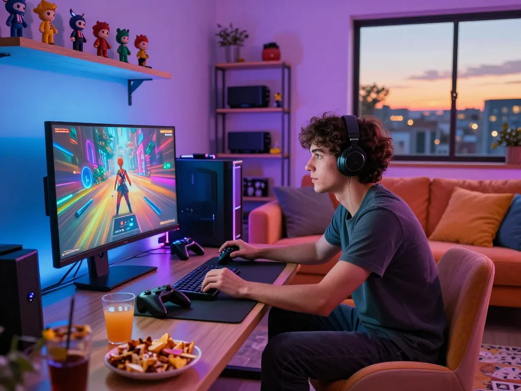 Engaging adult game experience in a modern living room with vibrant colors and gaming setup.