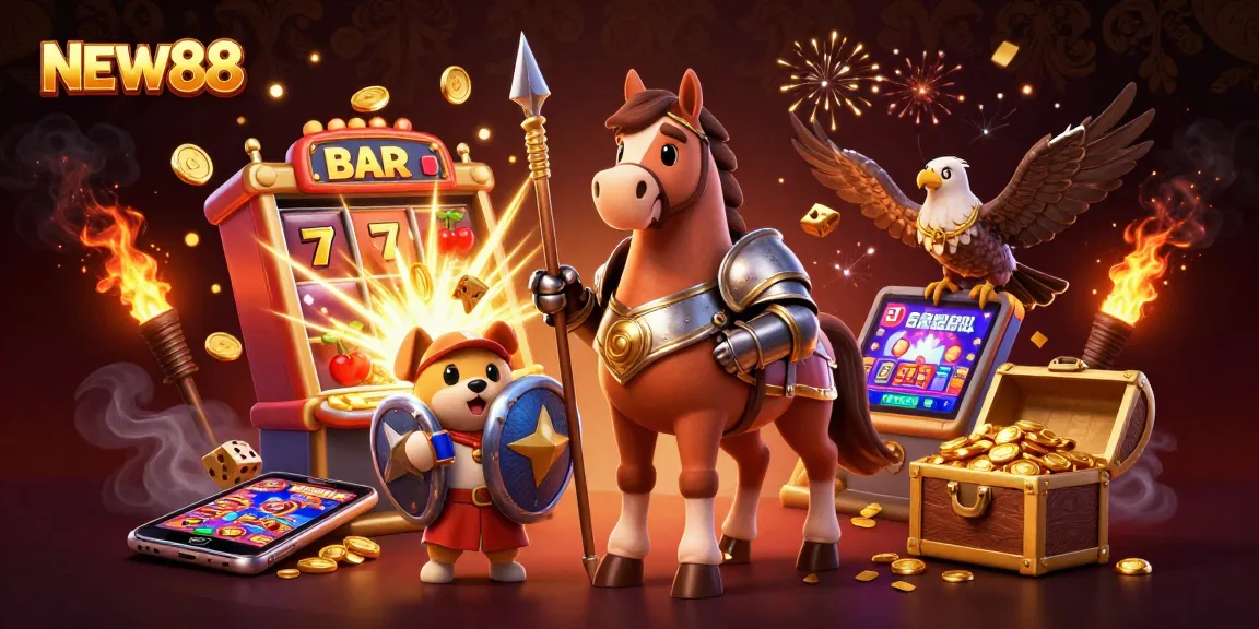 NEW88 showcases an epic jackpot scene with a knight, puppy, and falcon amidst hot casino action.