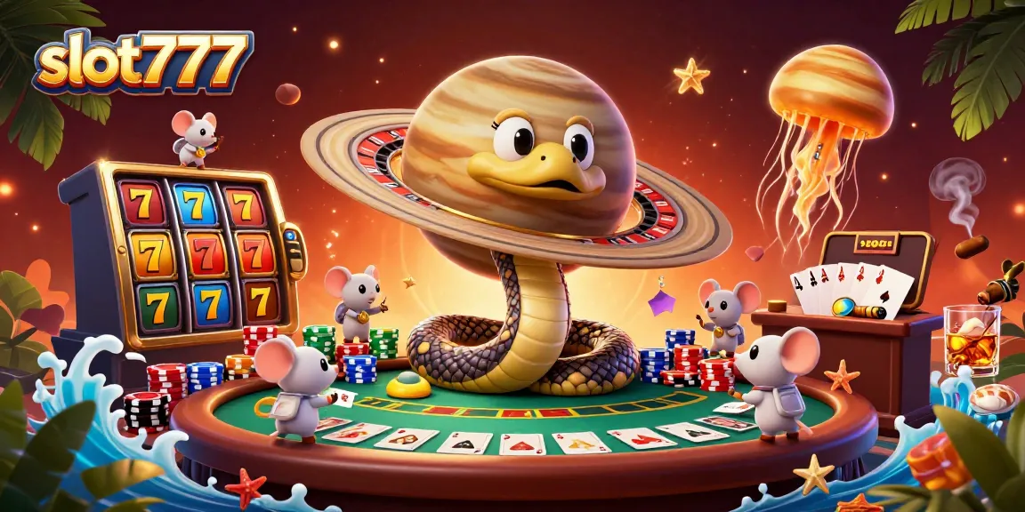Experience slot777 excitement with cartoon characters at a cosmic casino, showcasing thrilling slots and betting.