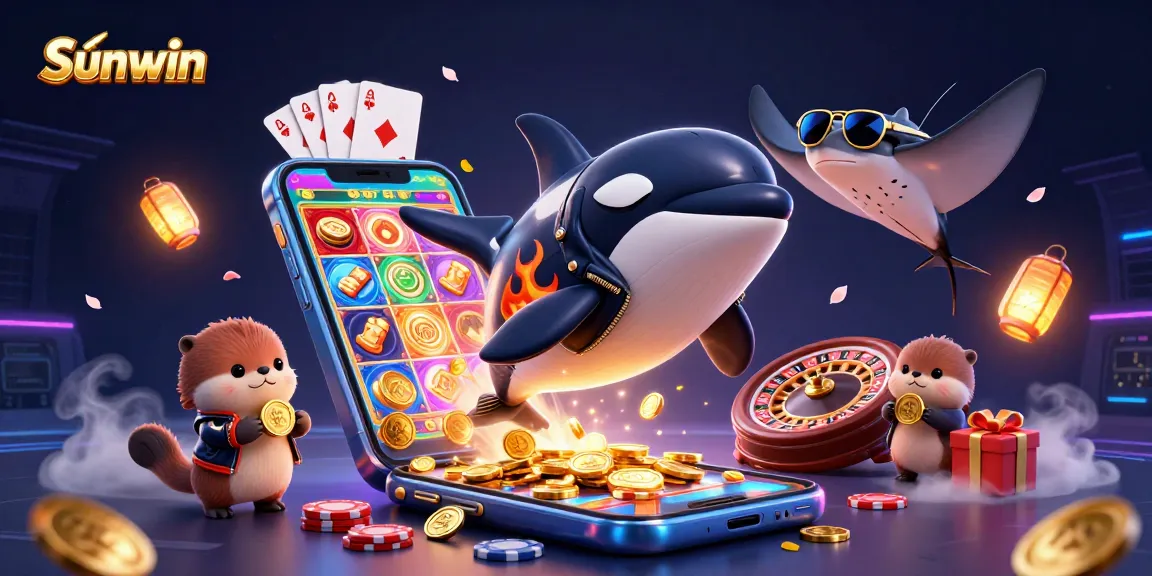 Engage with Sunwin's thrilling gaming experience featuring an orca, stingray, and otters amidst vibrant casino elements.