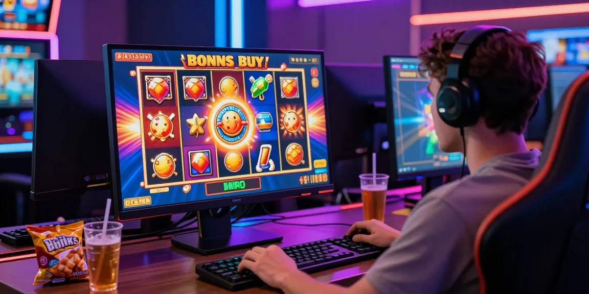 Player enjoying bonus buy slots at a colorful online casino setup, showcasing excitement and engagement.