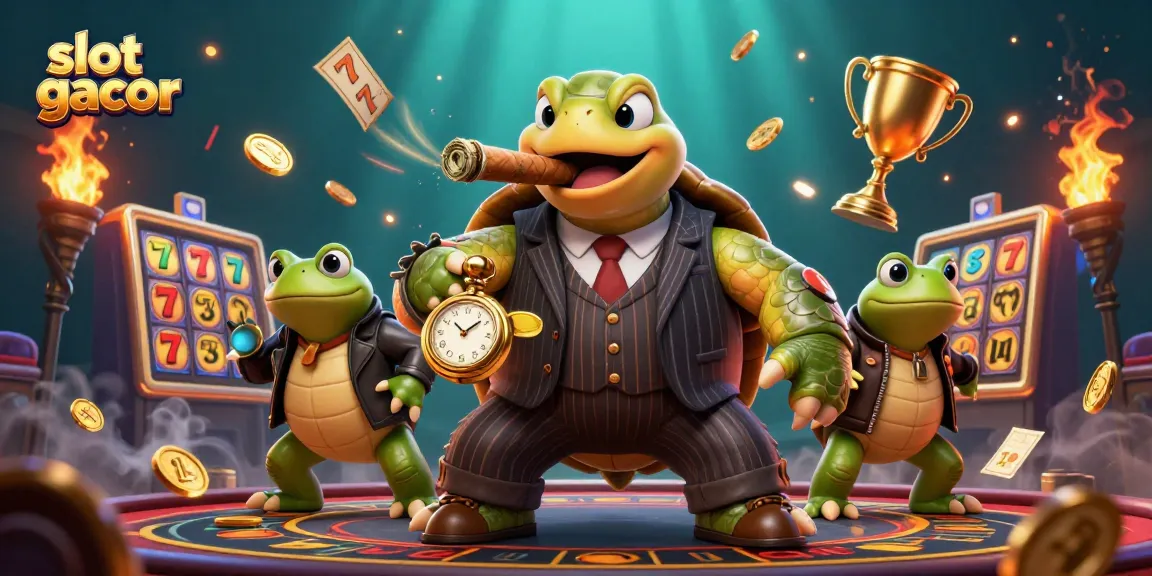 Engage with slot gacor action in a vibrant casino scene featuring our cartoon turtle and bullfrog enforcers.