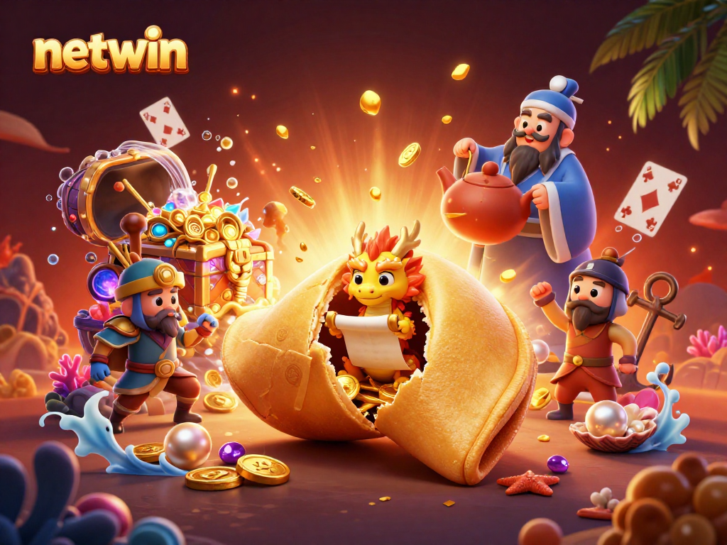 Experience the excitement of netwin with a vivid scene featuring a golden fortune cookie and fantasy elements.
