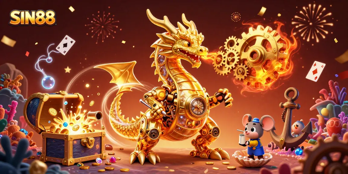 SIN88 showcases thrilling gameplay with a golden dragon and dynamic casino elements bursting with gold and gems.