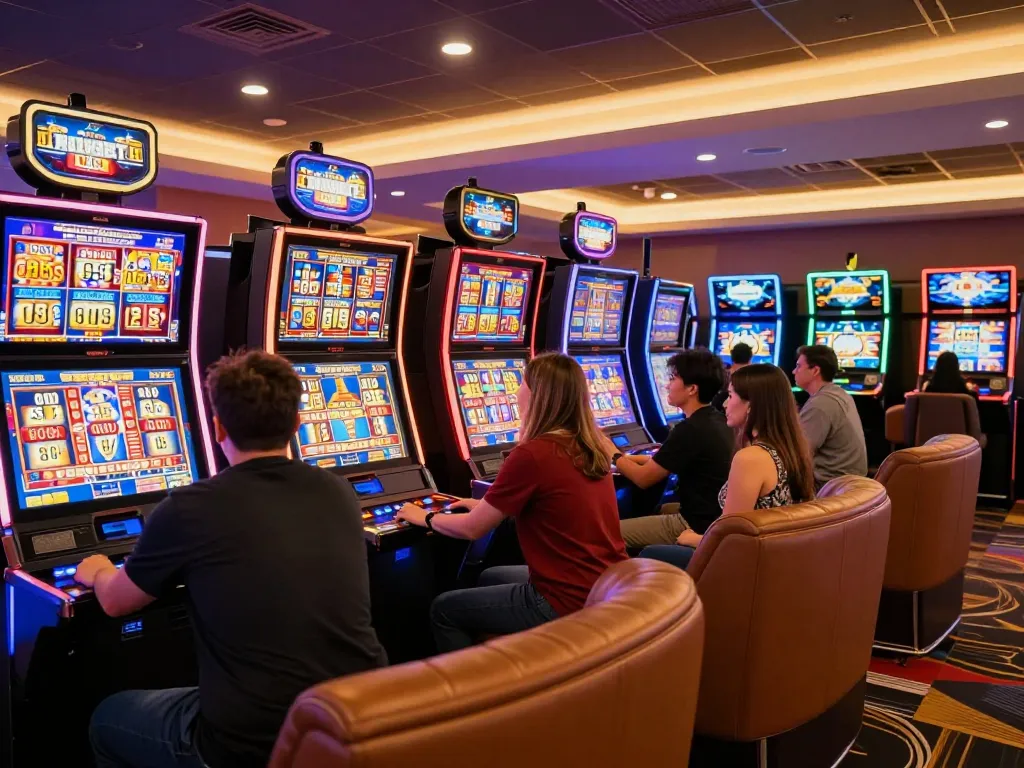 Engaged players experiencing a sites gacor at a slot machine area in a vibrant casino atmosphere.