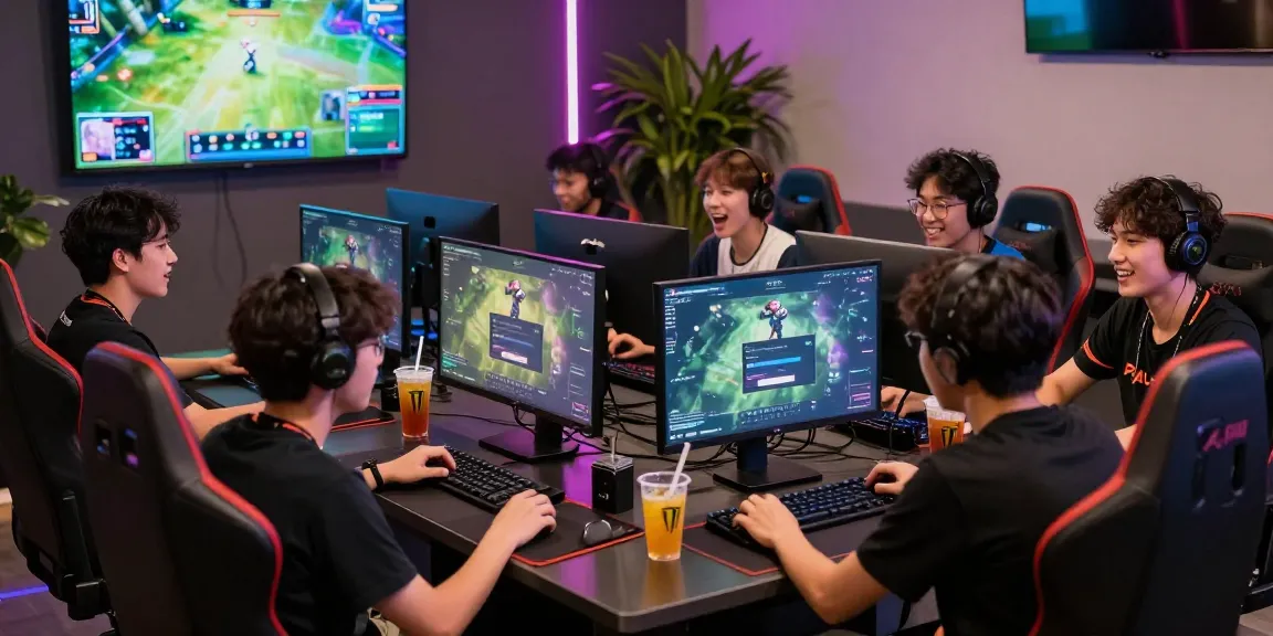 Engaged gamers focusing on Raja Game login in a vibrant esports lounge.