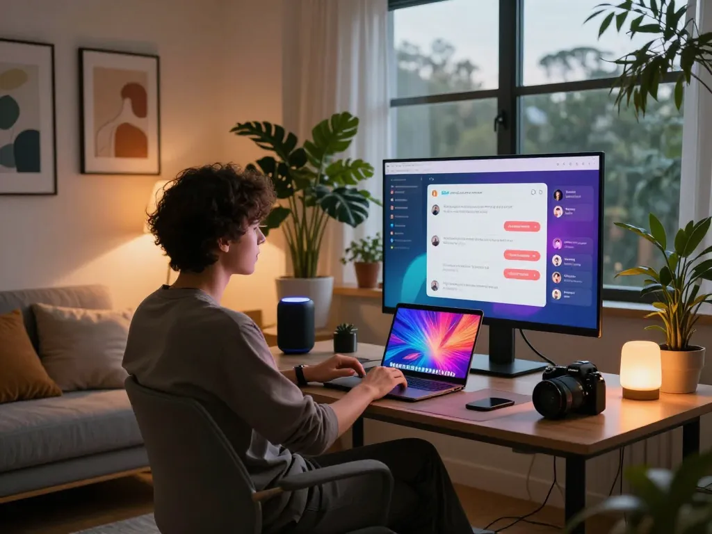 Immersive user enjoying free AI sex chat in a modern home office.
