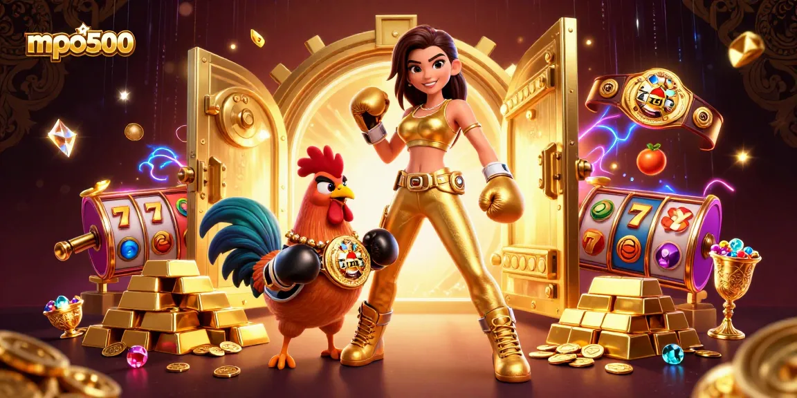 Engage with mpo500 in this vibrant casino-themed scene featuring a powerful woman and championship rooster.