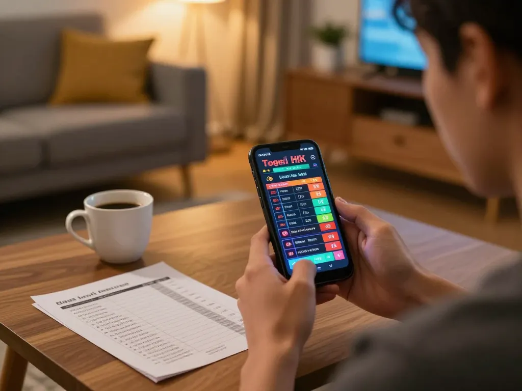 Toggel HK enthusiasts examining live lottery results on their smartphone, surrounded by cozy home setup.