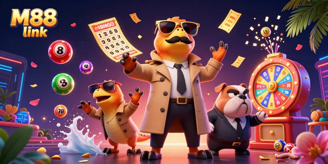 Experience the thrill of winning with M88 link and vibrant lottery elements in an exciting casino scene.