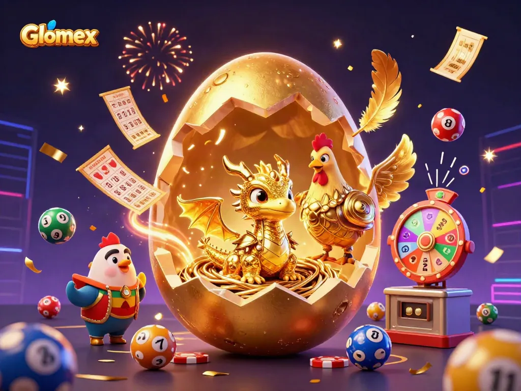 Play with Glomex's vibrant lottery-themed scene featuring a golden dragon and dynamic balls.