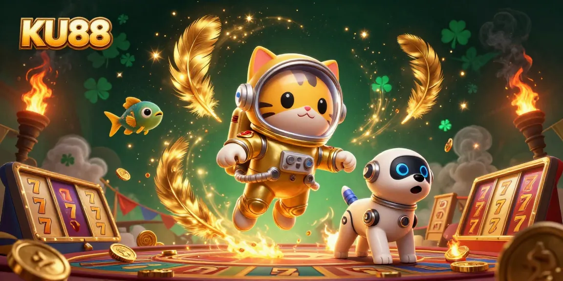 Experience thrilling wins with KU88 at a vibrant casino scene featuring lucky symbols and dynamic characters.