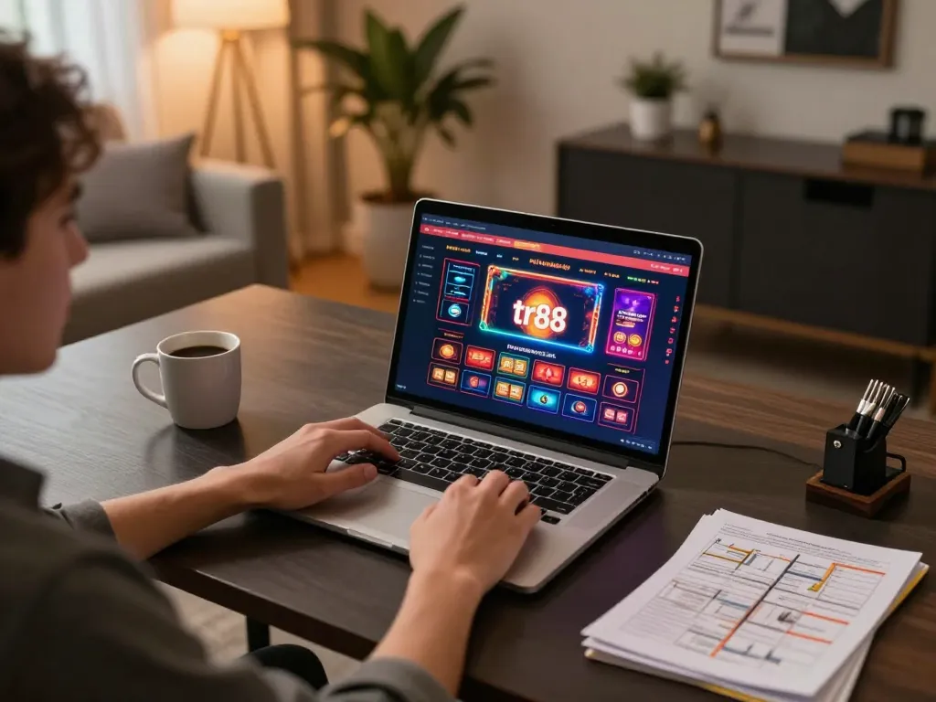 Engaging in strategic gameplay with tr88 online casino on a laptop in a cozy home office.