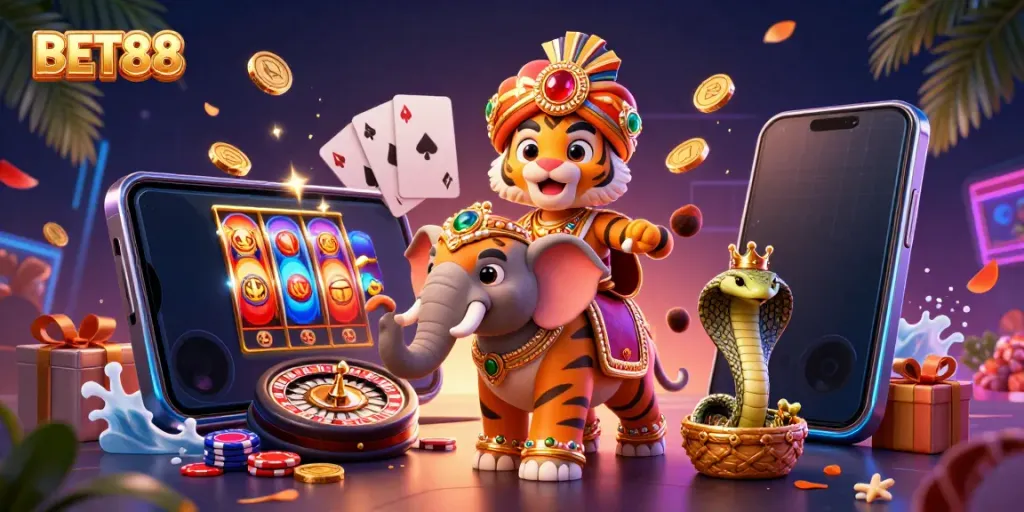 Experience thrilling gaming with BET88's vibrant 3D scene featuring an elephant and tiger.