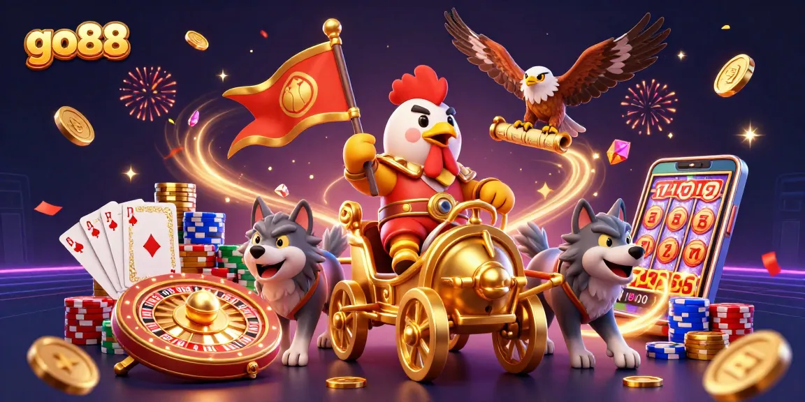 Experience the excitement of go88 with a dynamic scene of casino elements and festive characters.