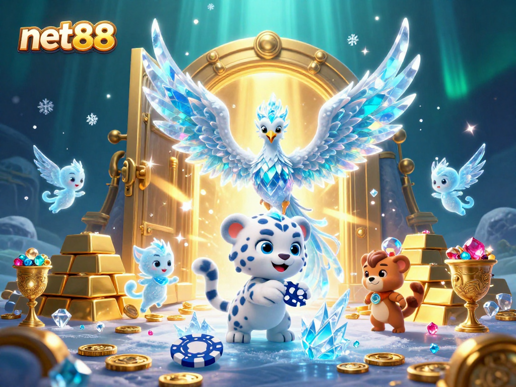 Experience net88's vibrant gaming scene with the playful ice phoenix and snow leopard cub.