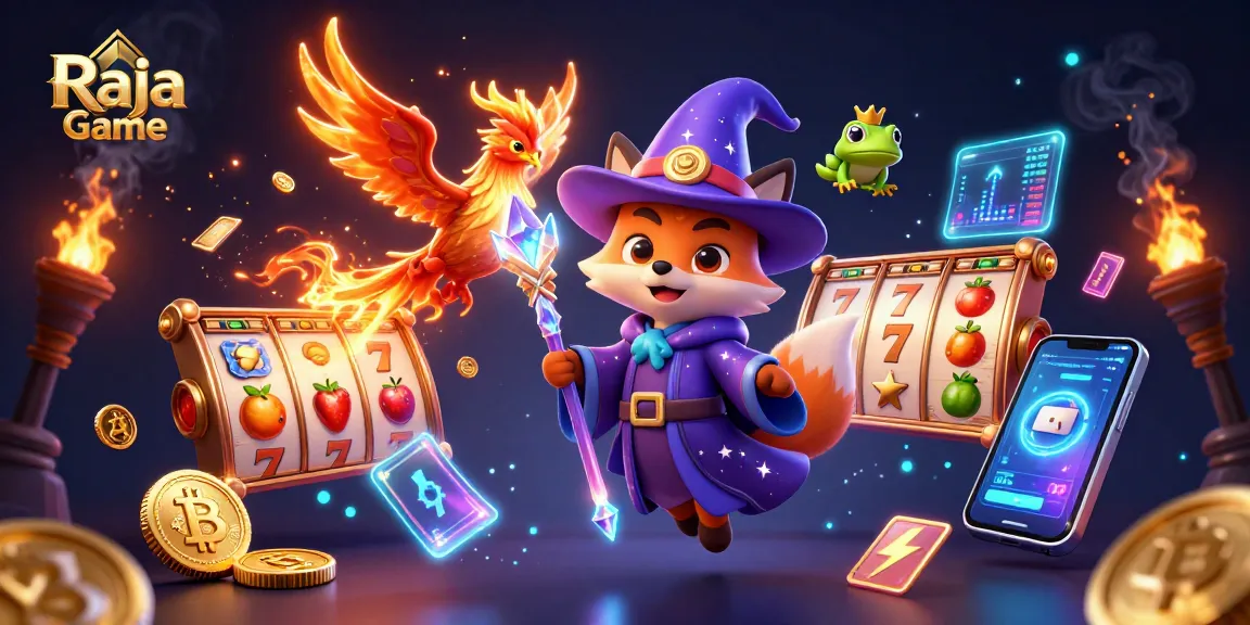 Engage with Raja Game's thrilling slots featuring a mystical fox and phoenix in a vibrant 3D illustration.