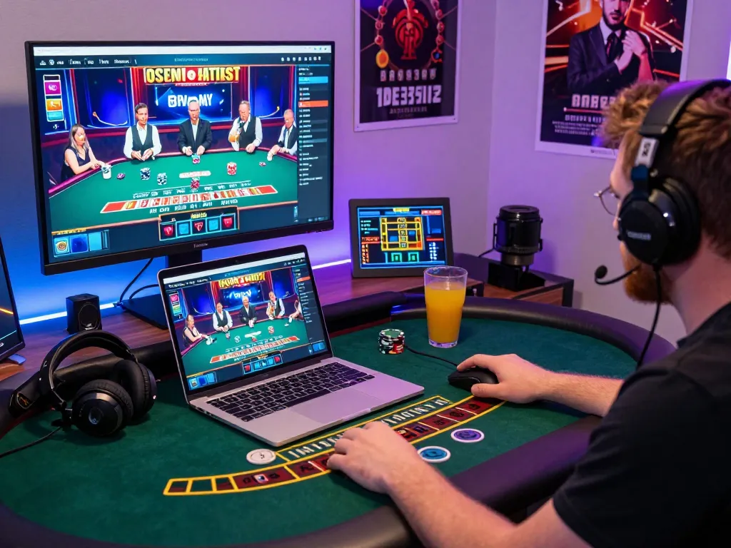 Player using free credit baccarat at a live dealer table with vibrant graphics and gaming accessories.