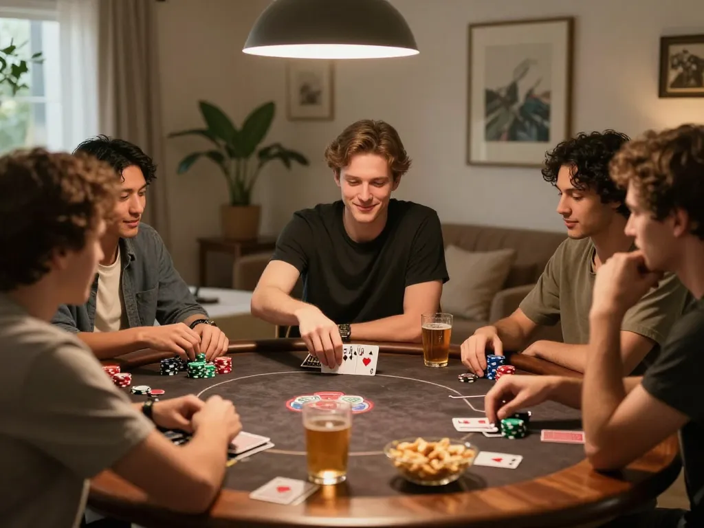 Pemain Kenzototo menikmati permainan poker santai di rumah dengan ekspresi fokus dan chip berwarna-warni.