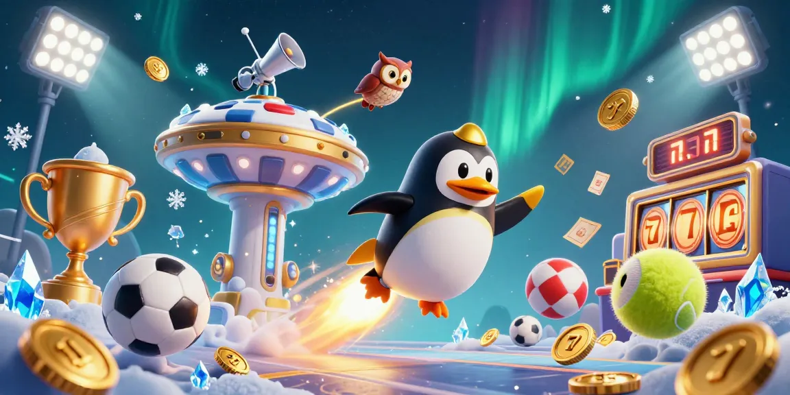 Experience the excitement of menangclub88 with a golden penguin, casino elements, and dynamic sports balls.