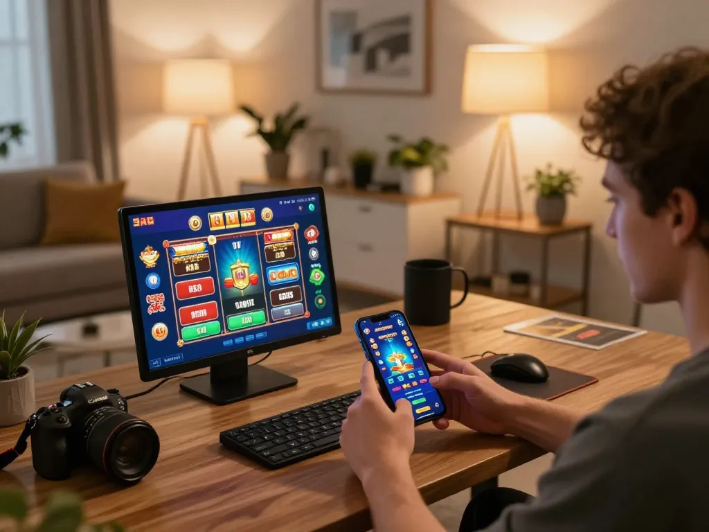 The user navigates the tr88 casino app, eagerly engaging with interactive games in a cozy setting.