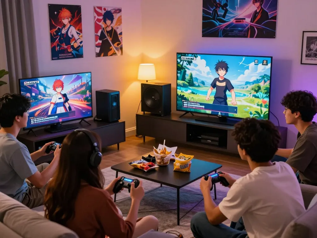 Players enjoying porngames in a vibrant living room setting with snacks and controllers