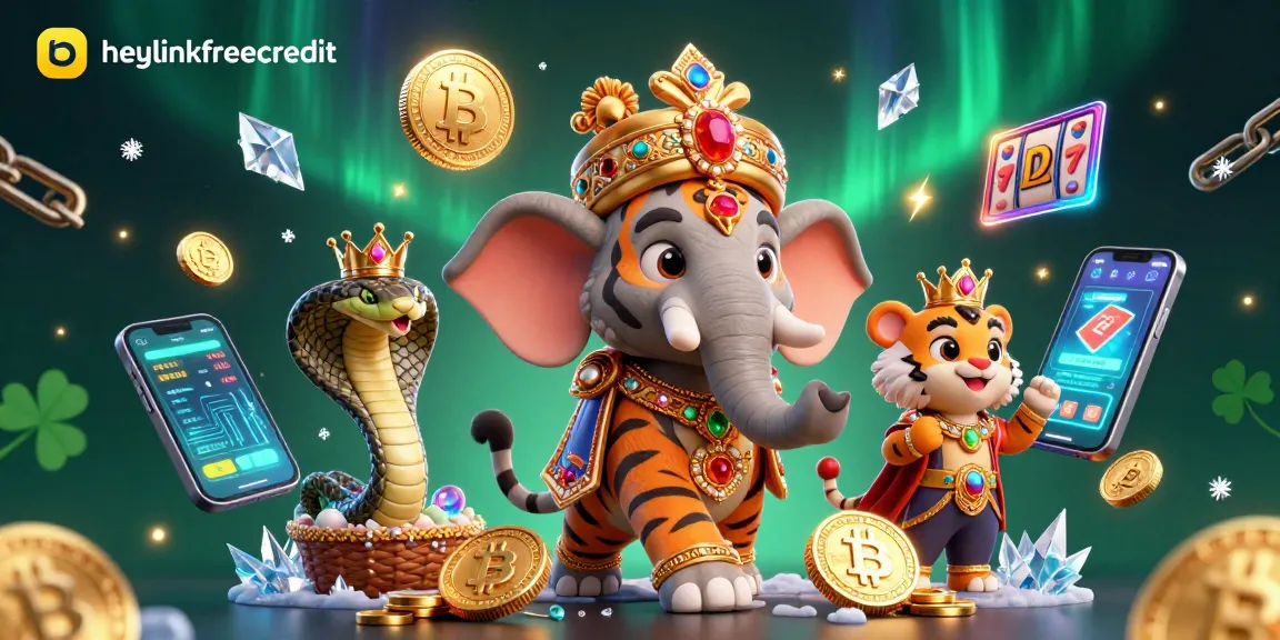 Engage with heylinkfreecredit through a vibrant casino scene featuring an Indian maharaja tiger and glowing cryptocurrencies.