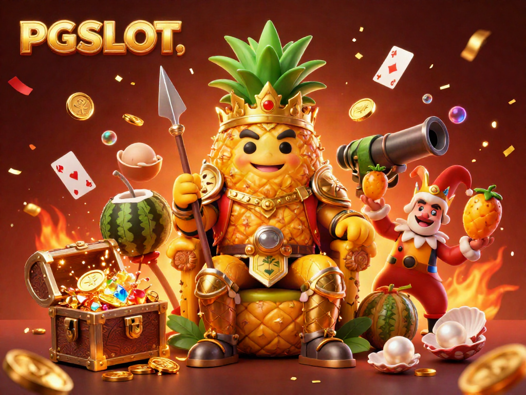 Experience PG SLOT excitement in a vibrant 3D casino scene with colorful characters and treasure.